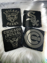 Load image into Gallery viewer, Four Personalized home town (4) Slate Drink Coaster sets, Engraved Slate Coasters, Custom Wedding Gift Set, Personalized Housewarming