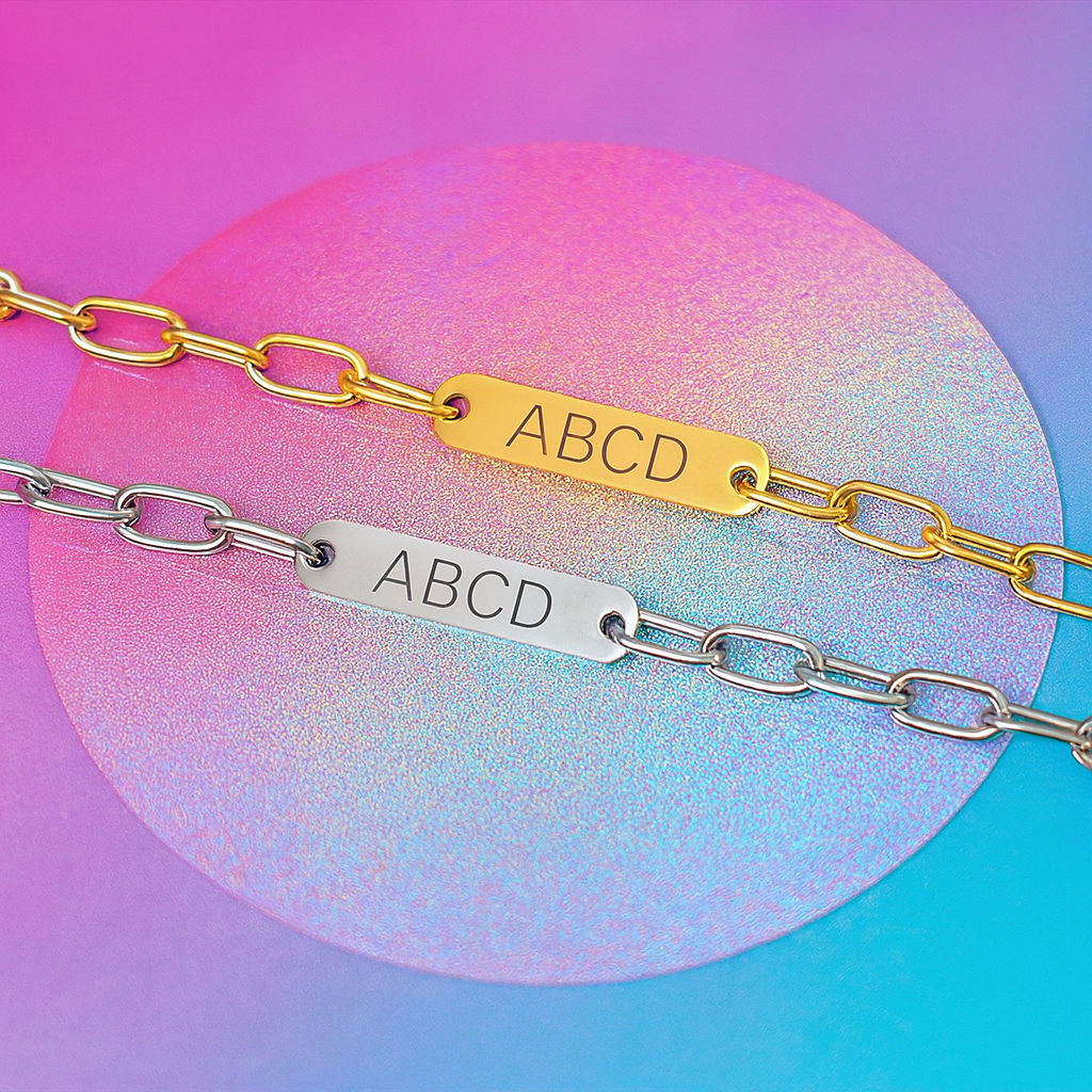 Personalized Oval Bar Paperclip Chain Bracelet Silver or Gold