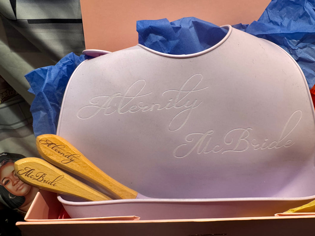 Silicone Engraved Baby Bib Personalized for Newborn or Toddler Girl or Boy Custom Baby Shower or New Mom Gift Silicone