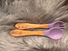 Load image into Gallery viewer, Engraved Baby spoon Personalized baby spoon Baby spoon with name wood and silicone baby spoon Personalized baby gift spoon and fork set.
