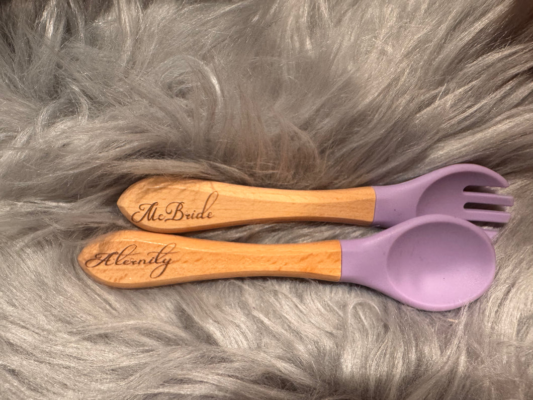 Engraved Baby spoon Personalized baby spoon Baby spoon with name wood and silicone baby spoon Personalized baby gift spoon and fork set.