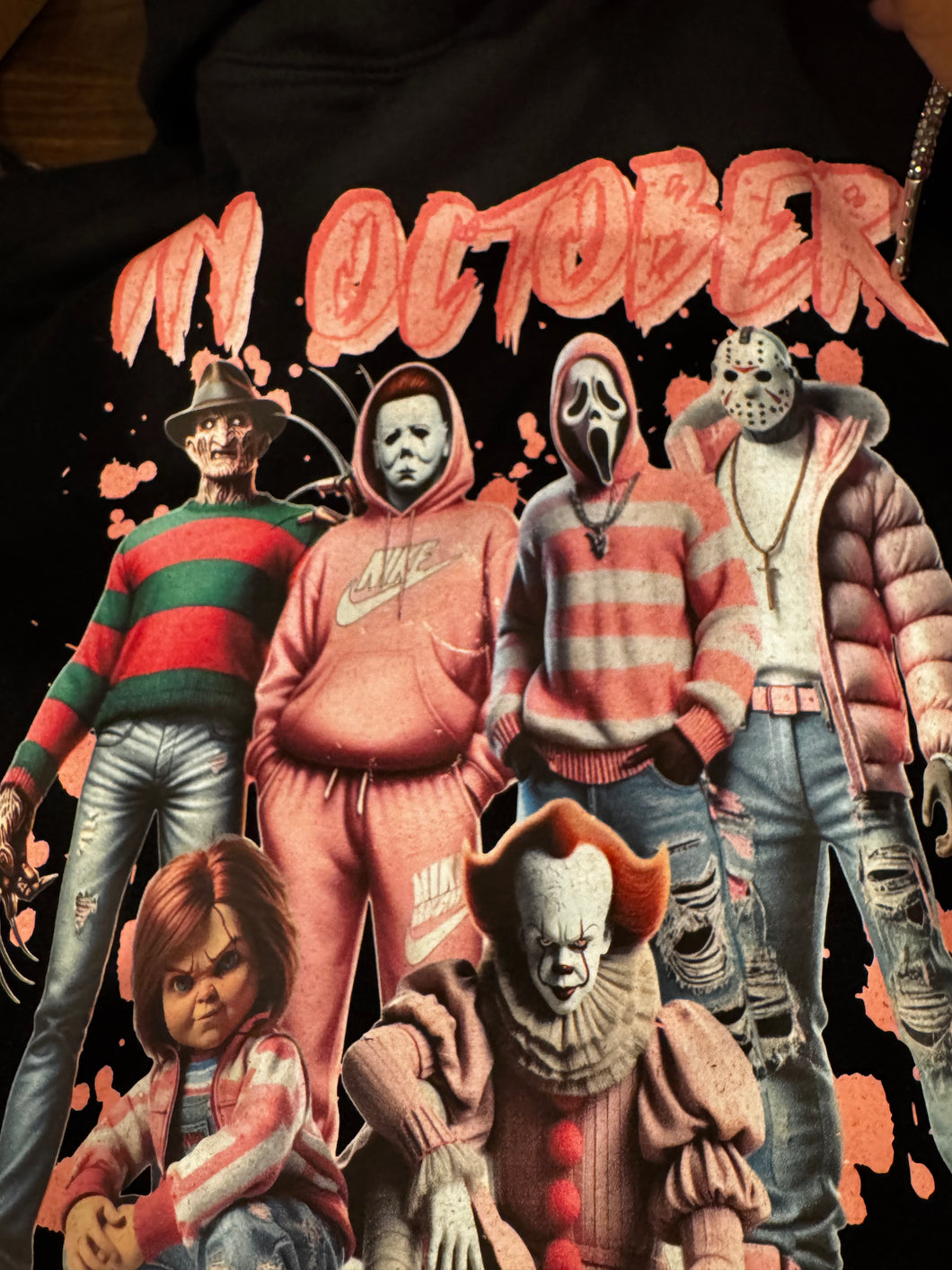 In October We Wear Pink hoodie, Friends Horror Characters hoodie Horror Movie Killers Shirt, Scary hoodie, Halloween Gangster Killer Sweat