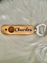 Load image into Gallery viewer, Personalized Wood Handled Bottle Opener, laser engraved, customizable, Gift for Father's Day, Bachelor  Bachelorette Party, Wedding Favor,
